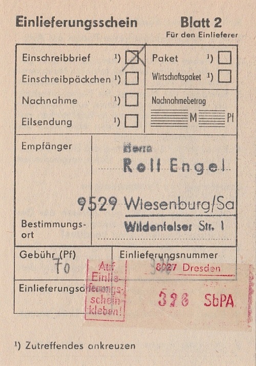 zugehöriger Einlieferungsschein zugehöriger Einlieferungsschein